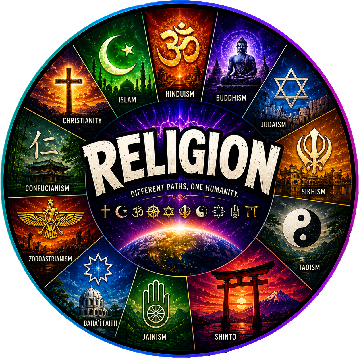Religion emblem — twelve traditions encircling one shared world